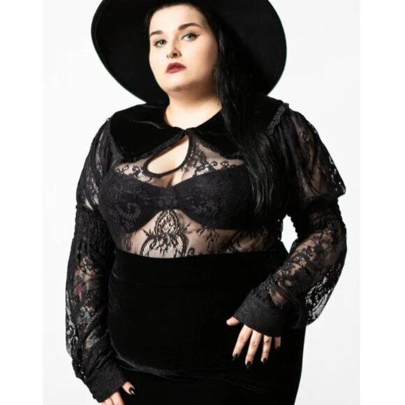 Killstar Tops - Killstar NWT Women's Size XXL Black Bite Tonight Gothic Lace Velvet Collar Top